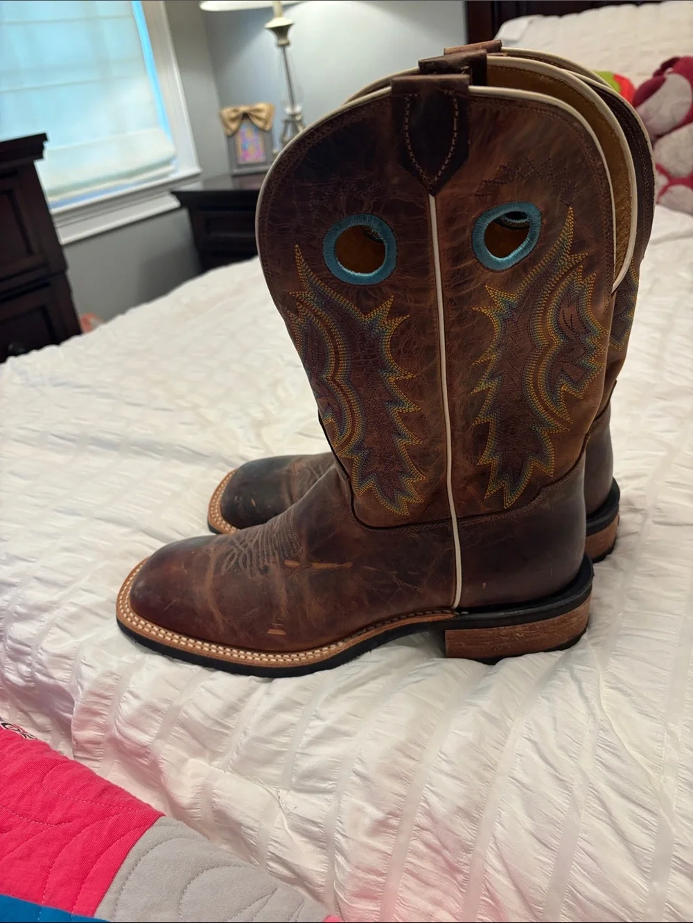 Tony Lama Brown Leather Western Work Boots with Multicolor Stitching